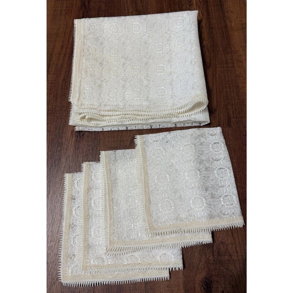 4 True Vintage Lace Napkins And 44” Square Tablecloth White Beige Trim